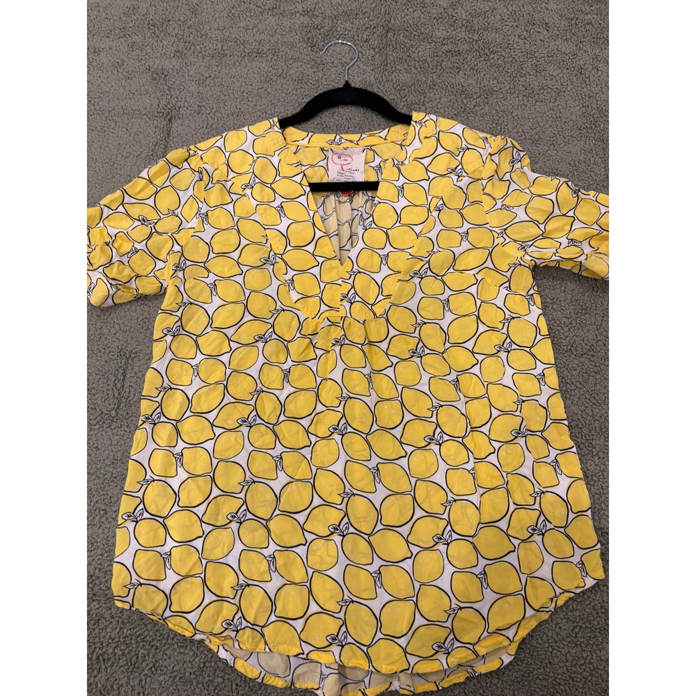 Anthropologie Conversations Lemon Print V-Neck Blouse Rayon Top Boho Chic Preppy